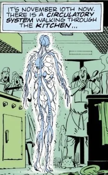 A comic panel shows a translucent, glowing human-like figure with visible blue circulatory system vessels walking through a…