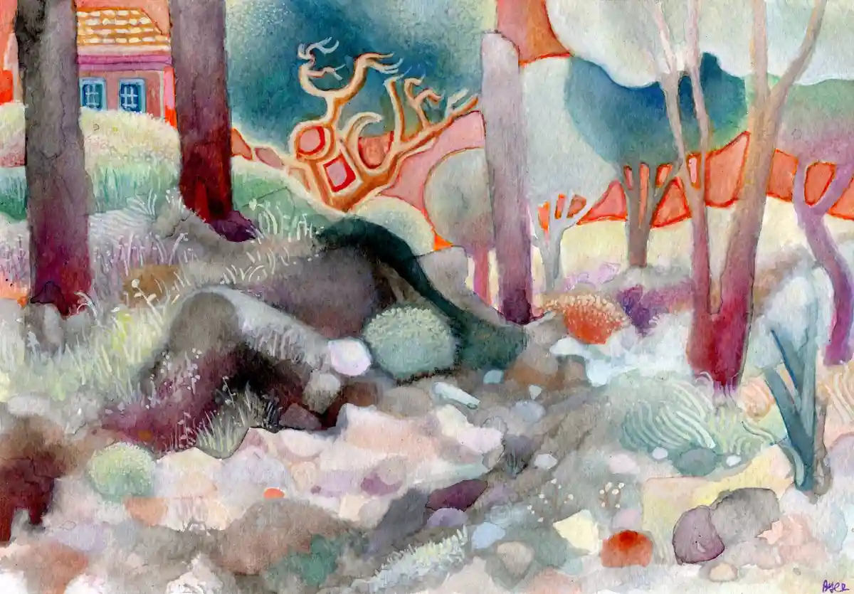 A watercolor painting depicts a stylized forest scene with abstract trees, rocks, and a small house in the background. A…