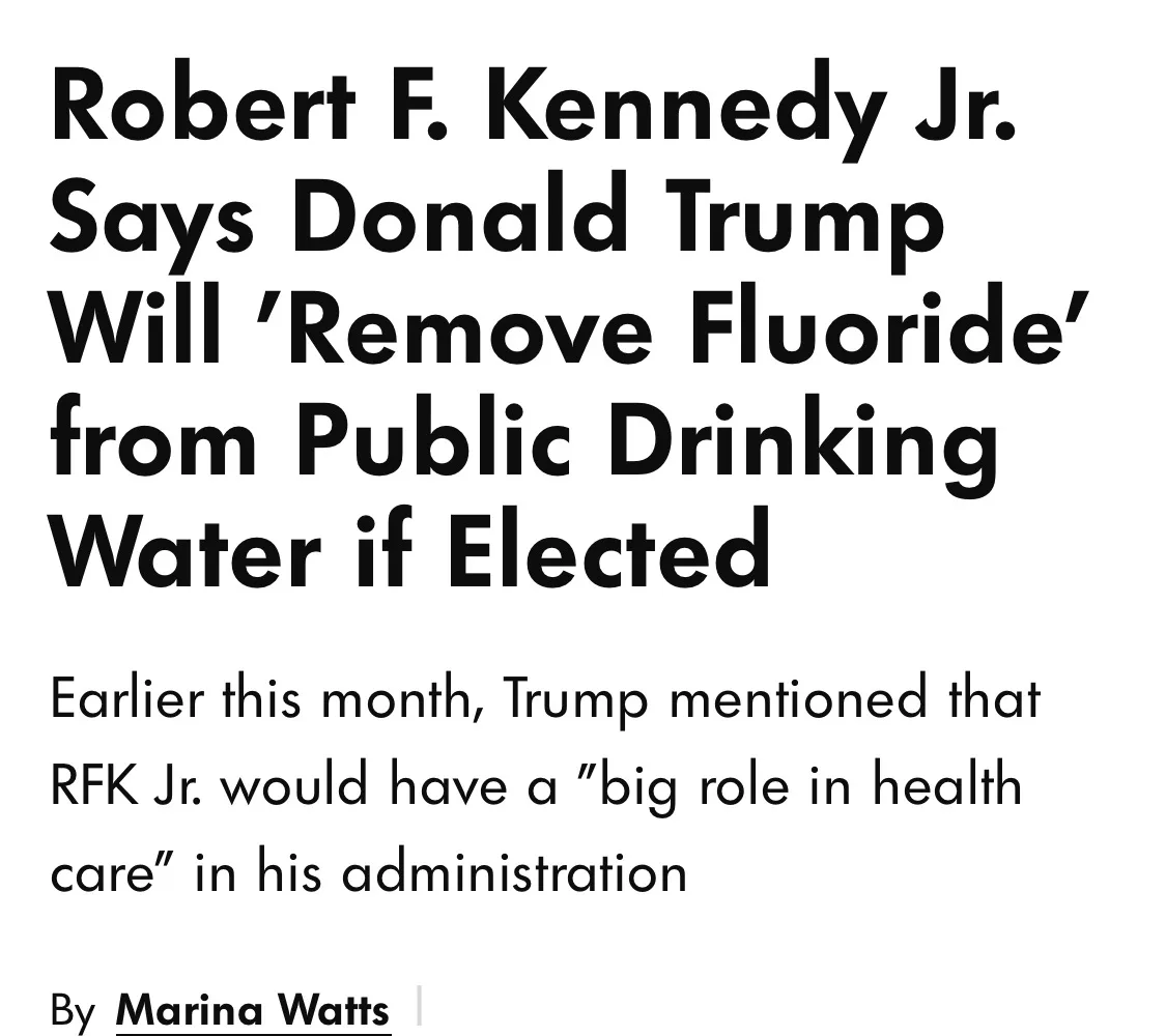 A screenshot of a news article headline stating Robert F. Kennedy Jr. claims Donald Trump will remove fluoride from public…