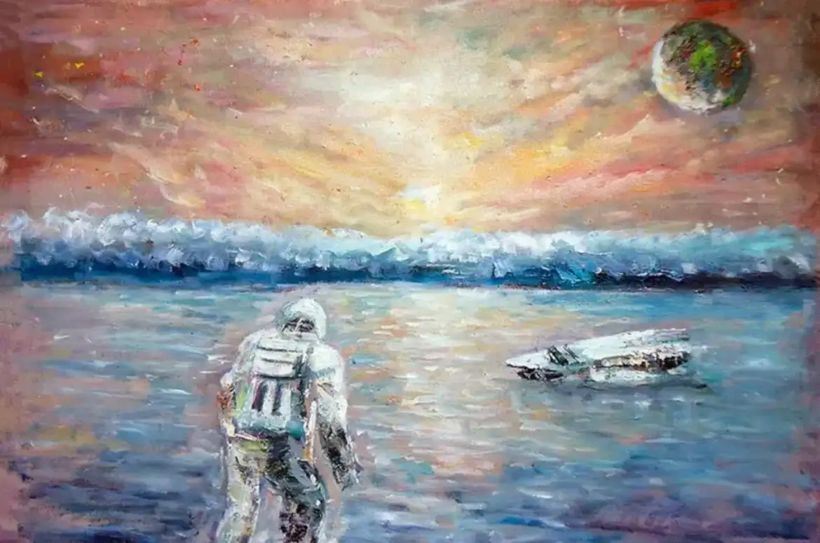 A painterly, impressionistic artwork depicts a lone astronaut in a spacesuit walking through a vast, watery landscape under…