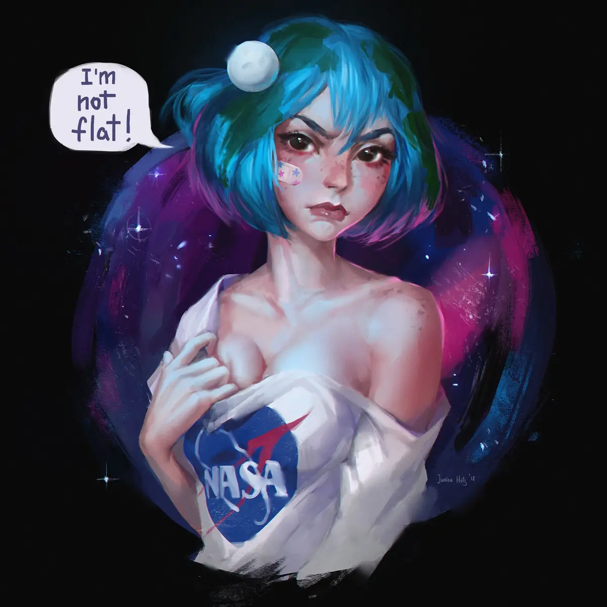 A digital illustration of a woman with blue-green hair and a moon-shaped hair accessory, wearing a torn NASA spacesuit…