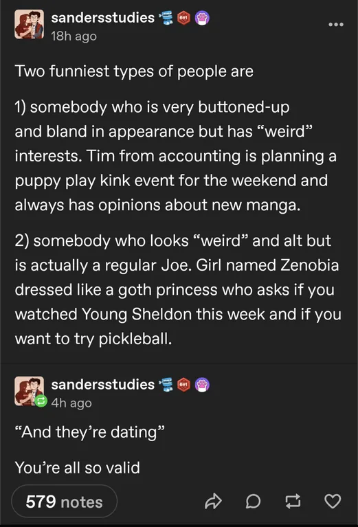 A screenshot of a Tumblr post by 'sandersstudies' listing two types of funny people: one bland but with weird interests…
