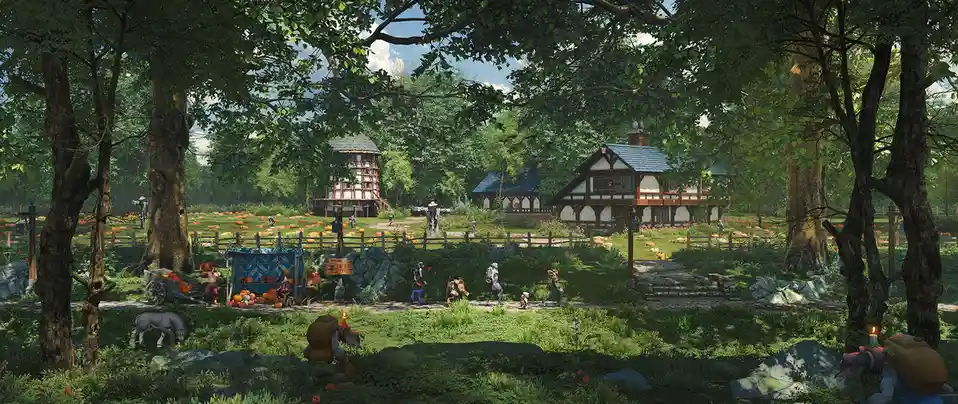 A vibrant, sunlit fantasy village scene with rustic half-timbered houses, a pumpkin patch, and various fantasy characters…
