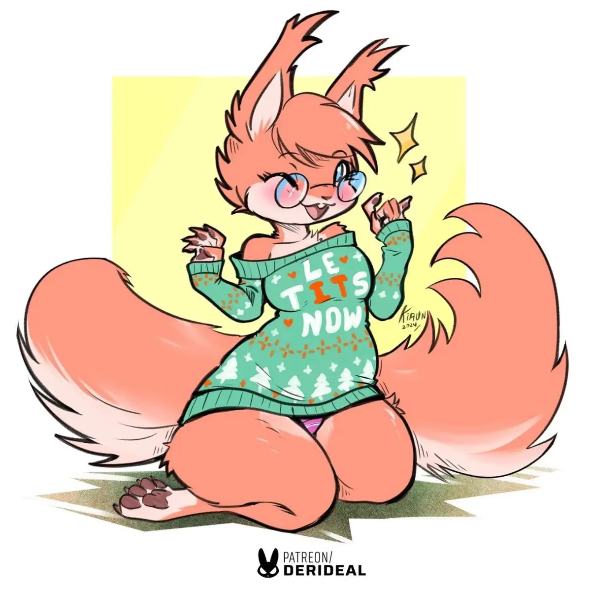 A cartoon anthropomorphic fox with glasses and a large bushy tail sits on the ground wearing a green sweater with the text…