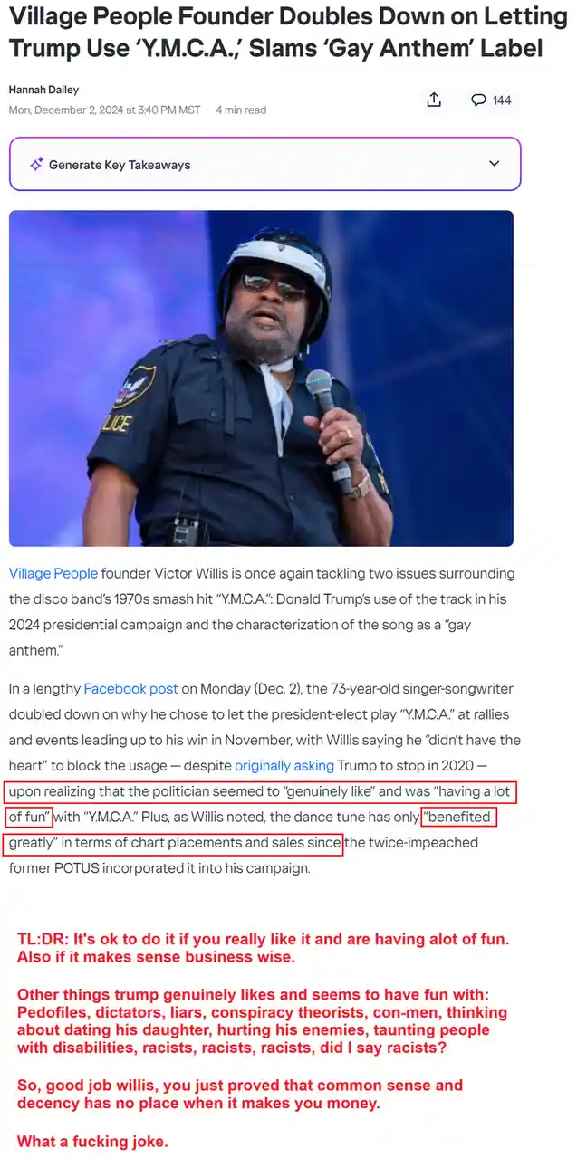 A screenshot of a news article about Village People founder Victor Willis letting Donald Trump use 'Y.M.C.A.' in his 2024…