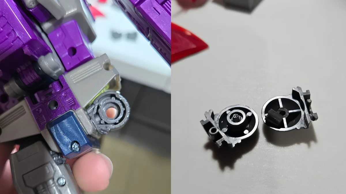The image is a split-screen showing a close-up of a purple and silver transformer toy's arm joint on the left, with a finger…