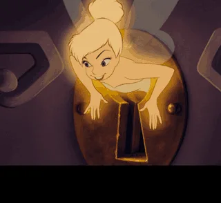 The image is a six-panel meme showing Tinker Bell in three frames struggling to fit into a keyhole, followed by three frames…
