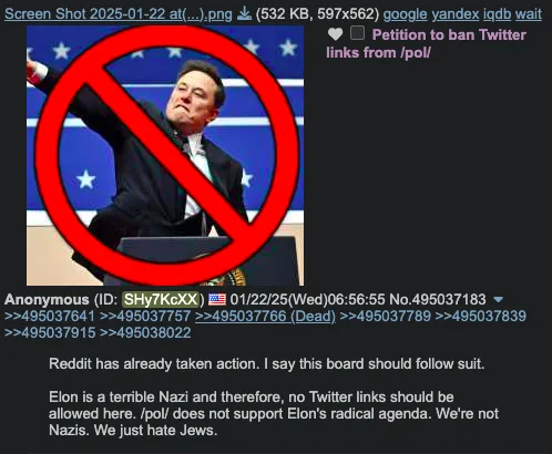 A screenshot of a Reddit post from the /pol/ subreddit shows a photo of Elon Musk with a large red prohibition symbol…