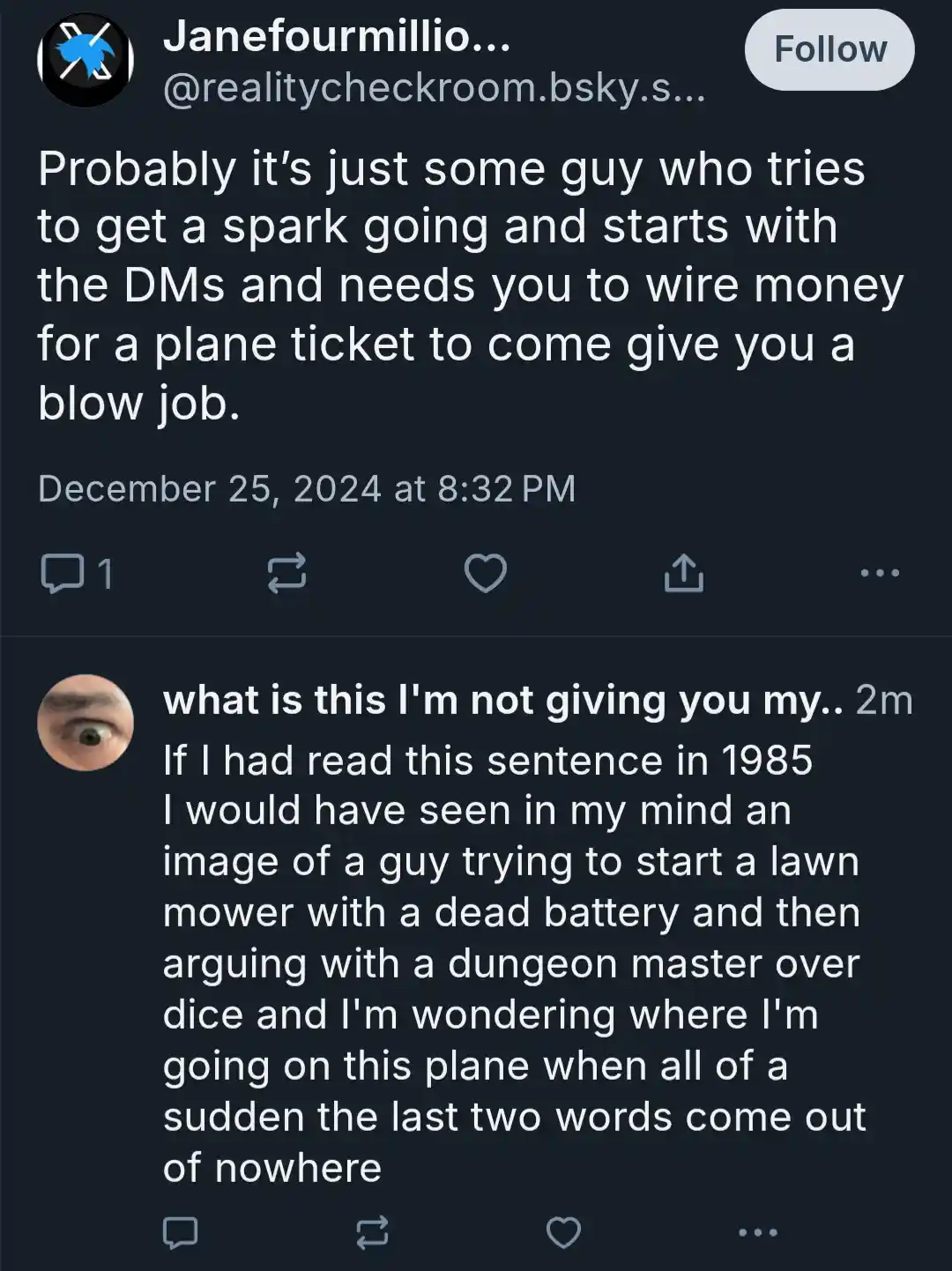 A screenshot of a social media thread shows a user's post about a suspicious DM asking for money for a plane ticket to give…