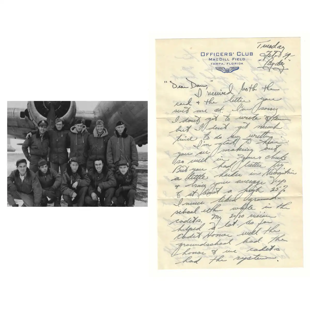 The image displays a split view: on the left, a black-and-white photo of nine men in military flight jackets posing in front…