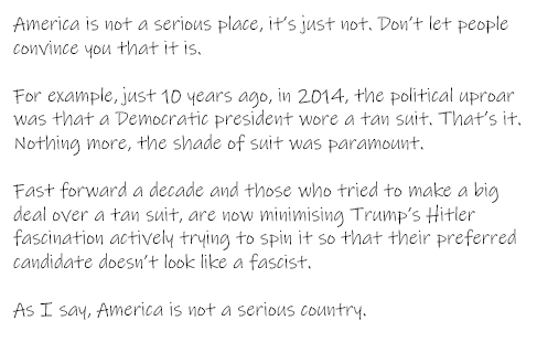 A black-and-white image of a man in a tan suit, overlaid with a long block of text that critiques American political…