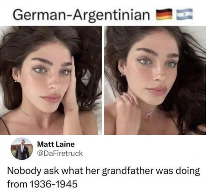 The image displays two side-by-side photos of the same young woman with dark hair and light eyes, both posing with her hand…