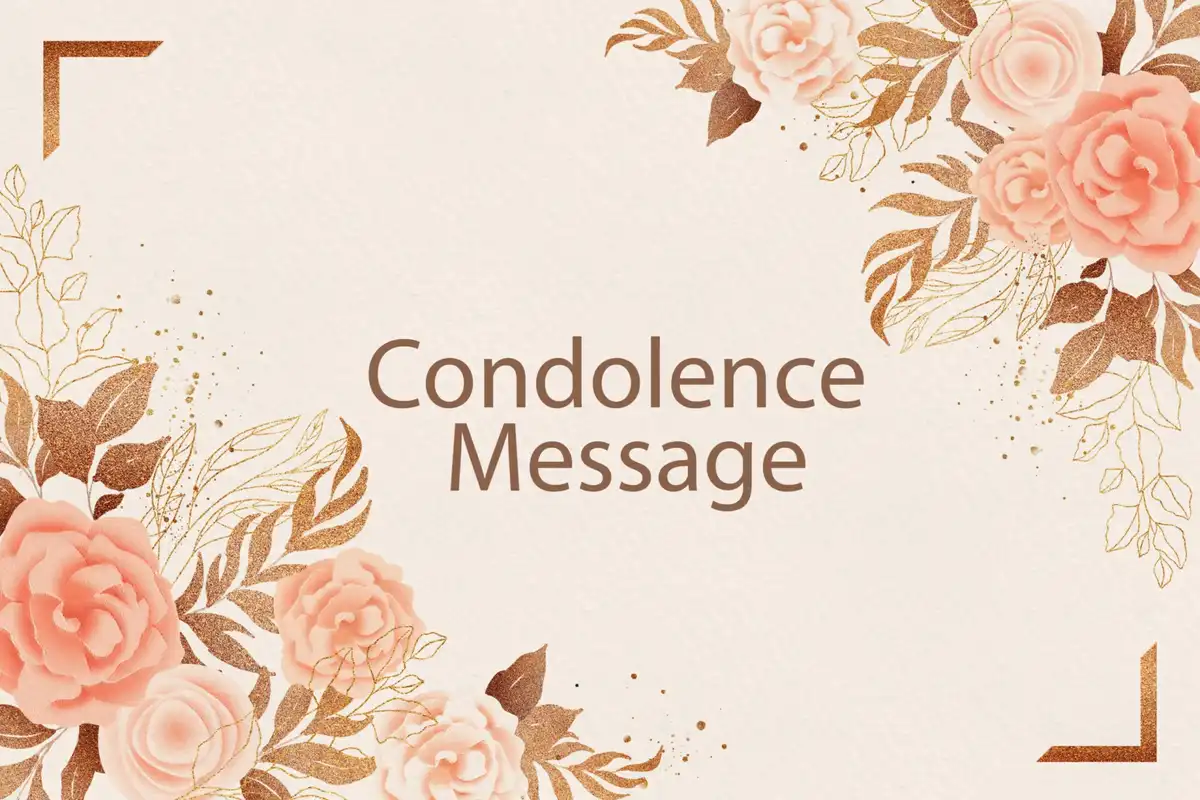 A decorative card with peach roses and gold glitter foliage framing the corners on a textured cream background, featuring…