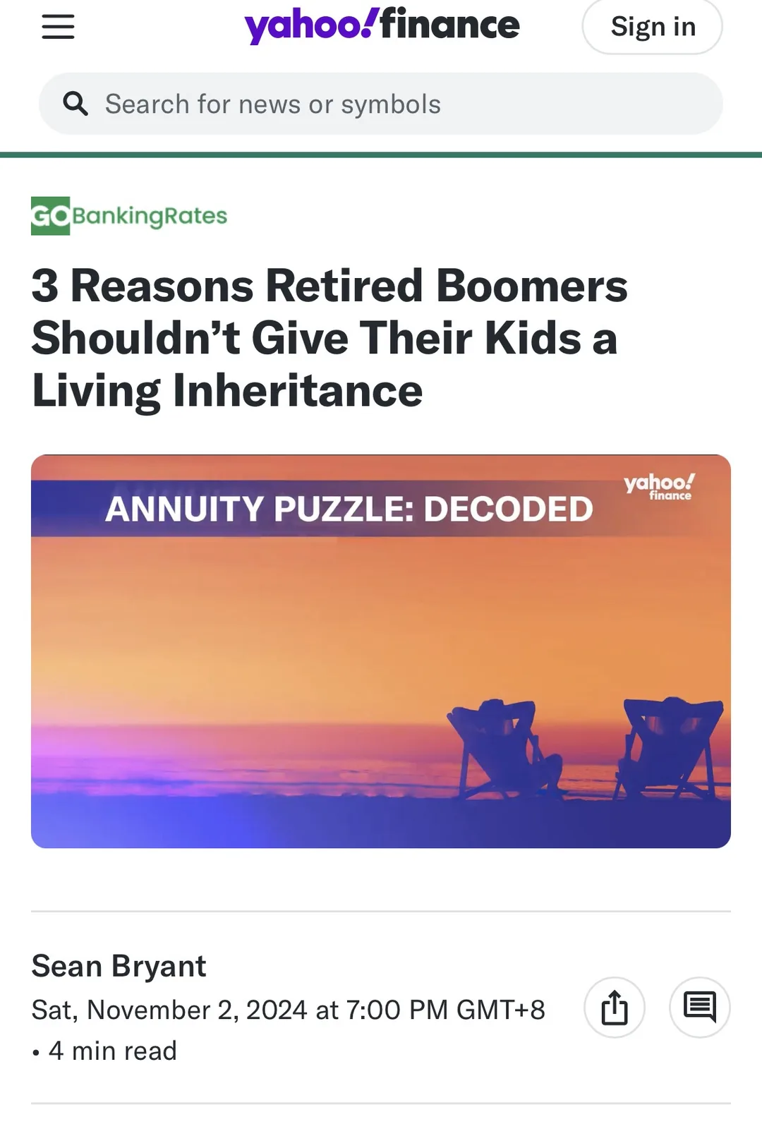 A screenshot of a Yahoo Finance article from GOBankingRates titled '3 Reasons Retired Boomers Shouldn't Give Their Kids a…