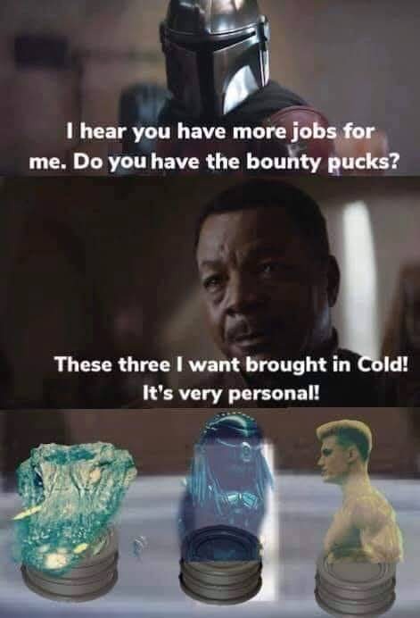 The image is a three-panel meme. The top panel shows The Mandalorian in his helmet, asking 'I hear you have more jobs for…