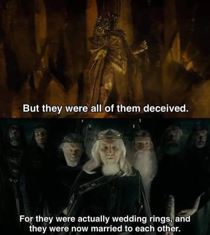 The image is a two-panel meme. The top panel shows a dark, ominous figure in ornate armor standing in a dimly lit, cavernous…