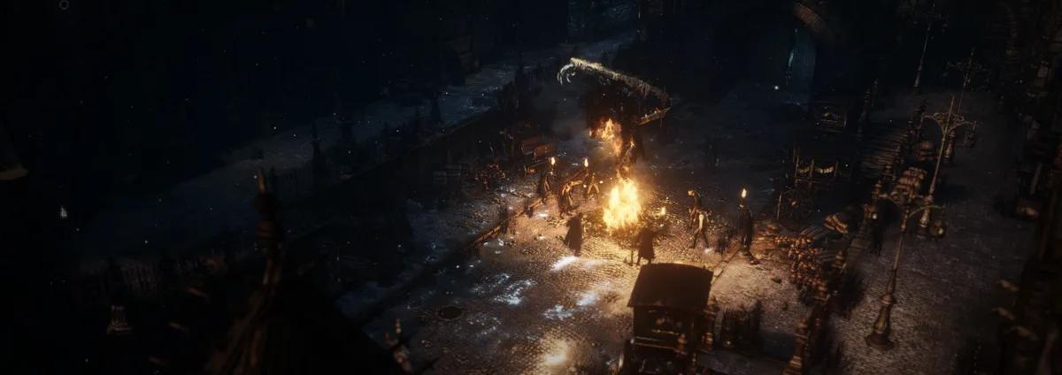 A dark, snowy, gothic-style video game scene shows a large, monstrous creature being burned at a bonfire in the center of a…
