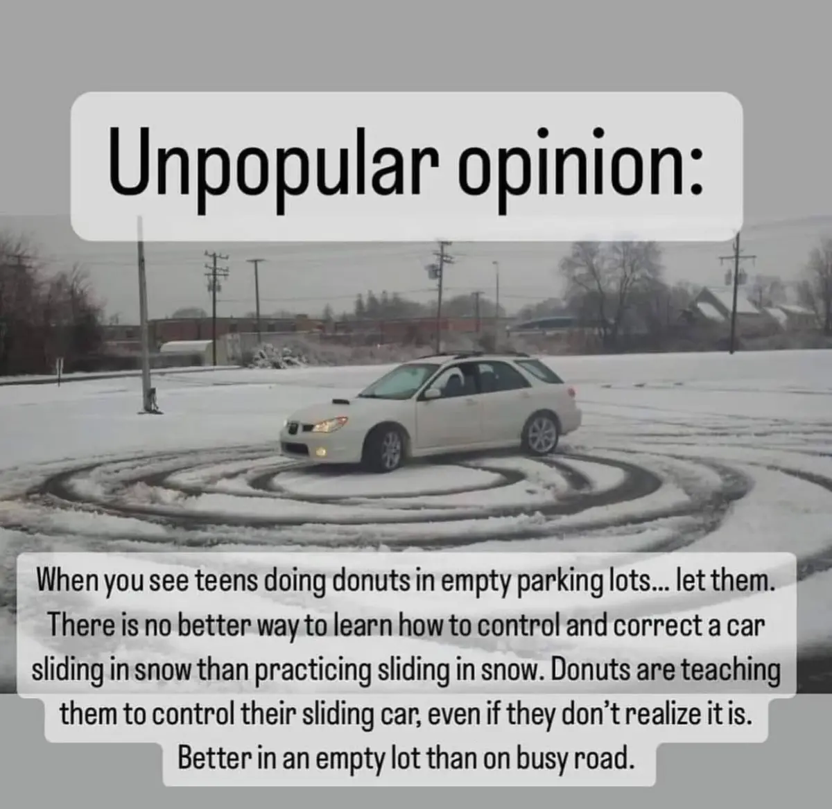 A white car is shown drifting in a spiral pattern on a snowy parking lot, leaving tire tracks in the snow. Overlaid text…