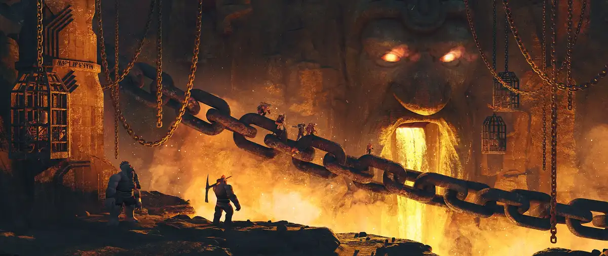 A dramatic fantasy scene shows tiny adventurers crossing a massive, rusted chain suspended over a fiery chasm, with a…