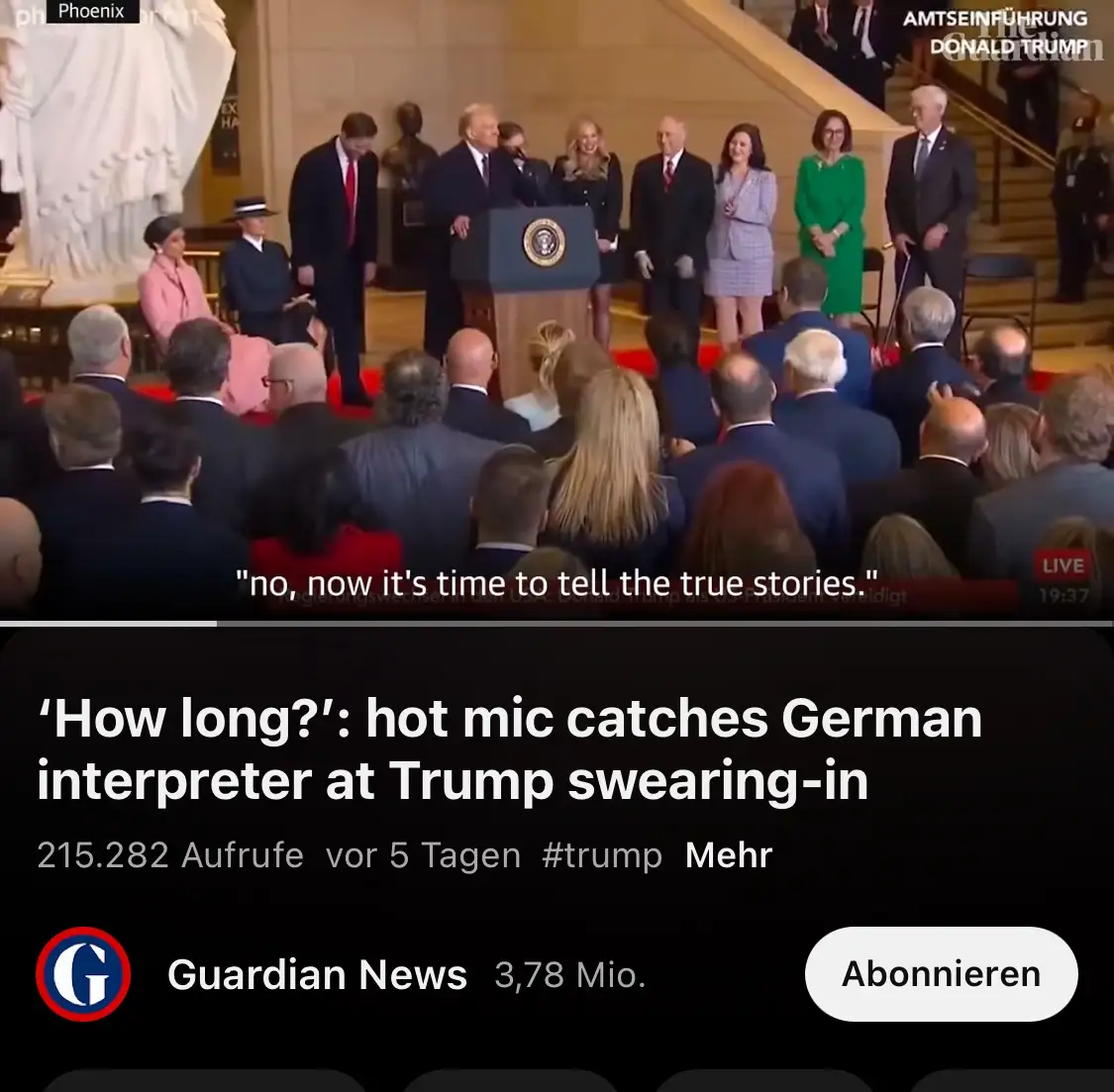 A screenshot of a YouTube video thumbnail showing Donald Trump at his presidential swearing-in ceremony, surrounded by…