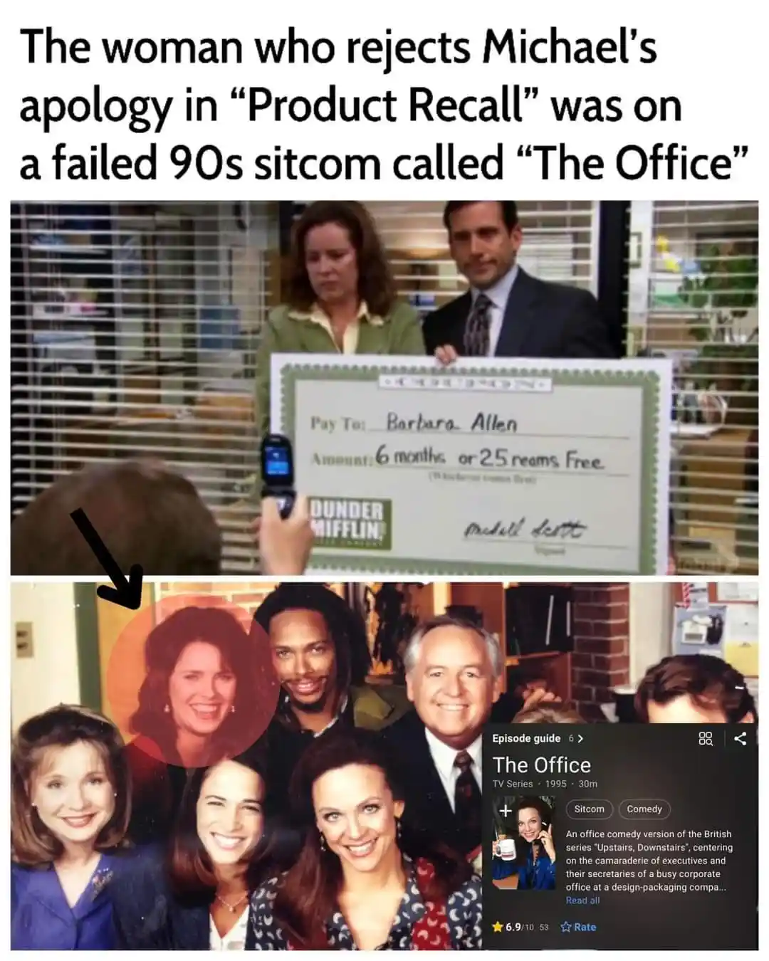 The top panel shows a scene from 'The Office' with Michael Scott holding a large coupon for Barbara Allen, while a woman…