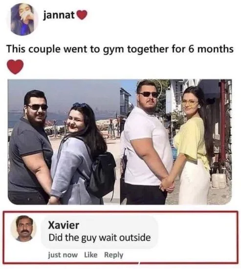 A social media post shows a couple standing side-by-side outdoors, both appearing overweight, with the caption claiming they…
