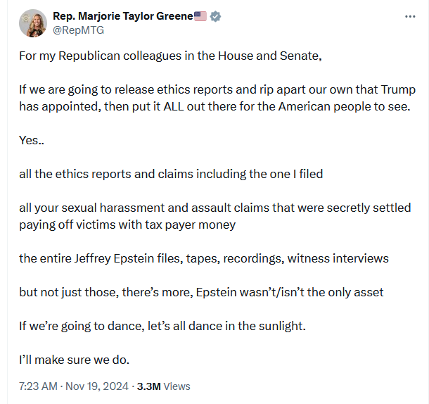 A screenshot of a tweet from Rep. Marjorie Taylor Greene (@RepMTG) dated Nov 19, 2024, showing her demanding that Republican…