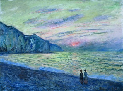 The image is a painting of two small figures standing on a beach at sunset, with a colorful sky and ocean. The overlaid text…