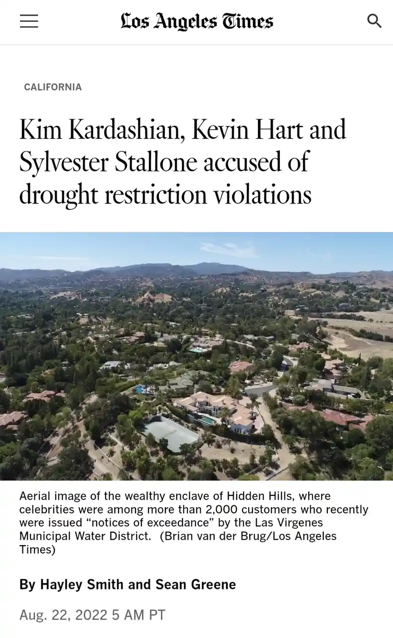 An aerial photo from a Los Angeles Times article shows a lush, tree-filled residential area in Hidden Hills, California…