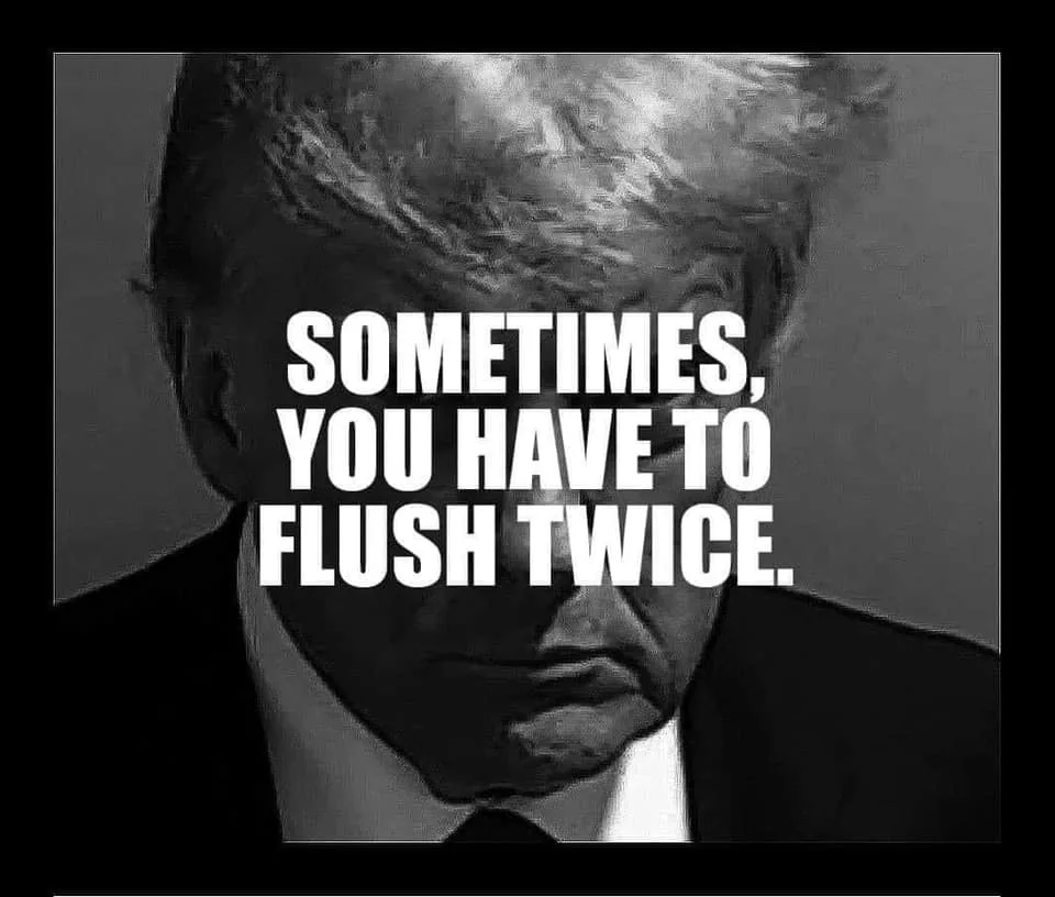 A black-and-white close-up photo of Donald Trump looking down with a serious expression, overlaid with bold white text that…