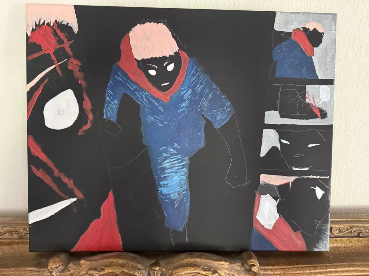 A stylized painting depicts a figure in a blue hoodie and red scarf with a stern expression, surrounded by abstract red and…