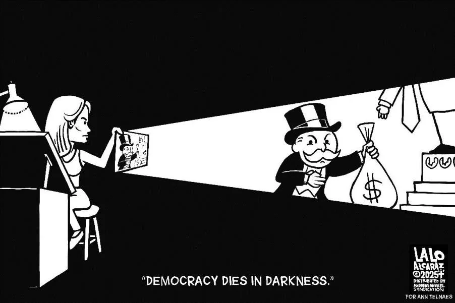 A black-and-white cartoon shows a woman sitting at a desk, projecting a light beam onto a scene where Monopoly's Mr…