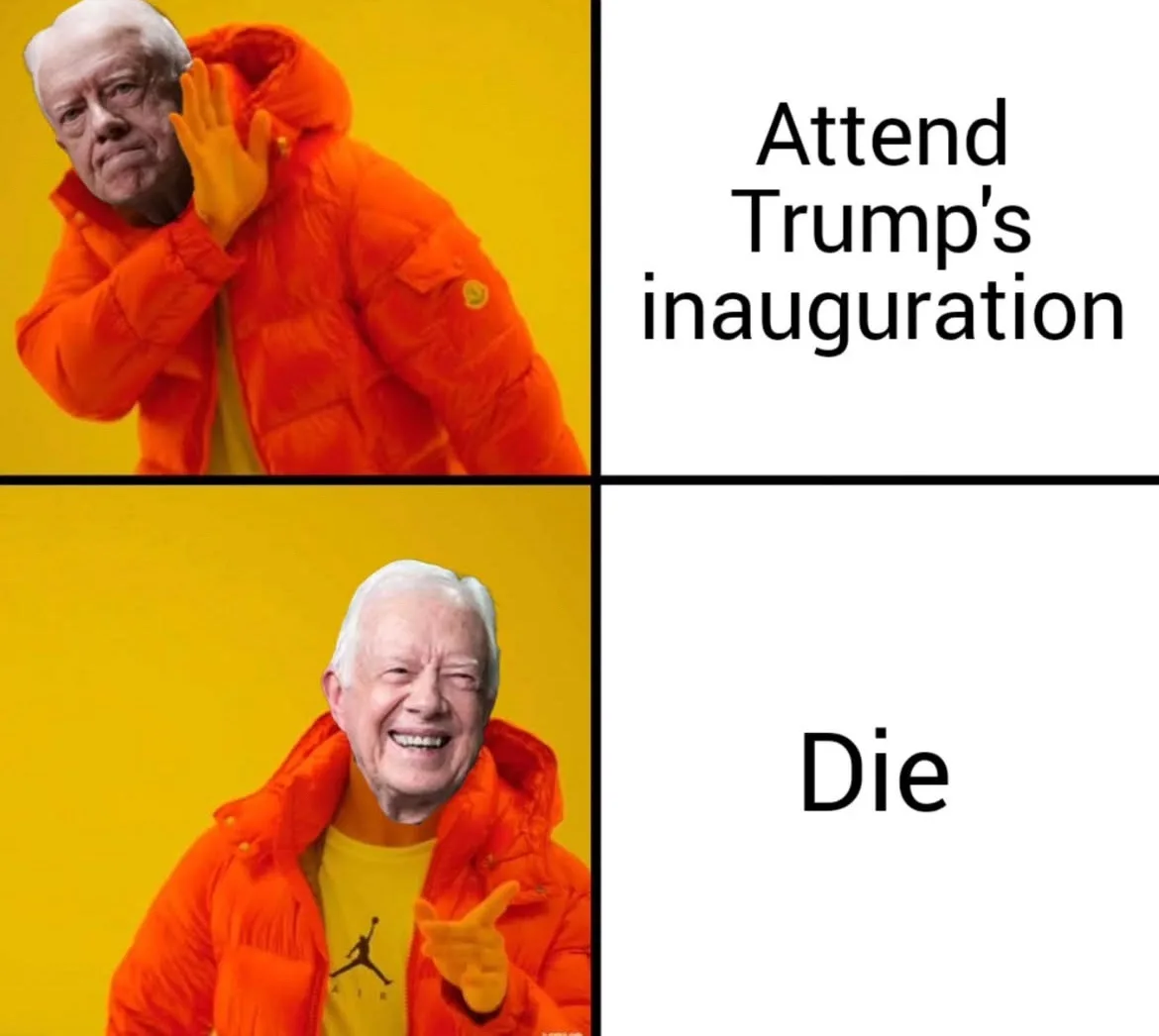 The image is a two-panel meme featuring former President Jimmy Carter in an orange puffer jacket against a yellow…