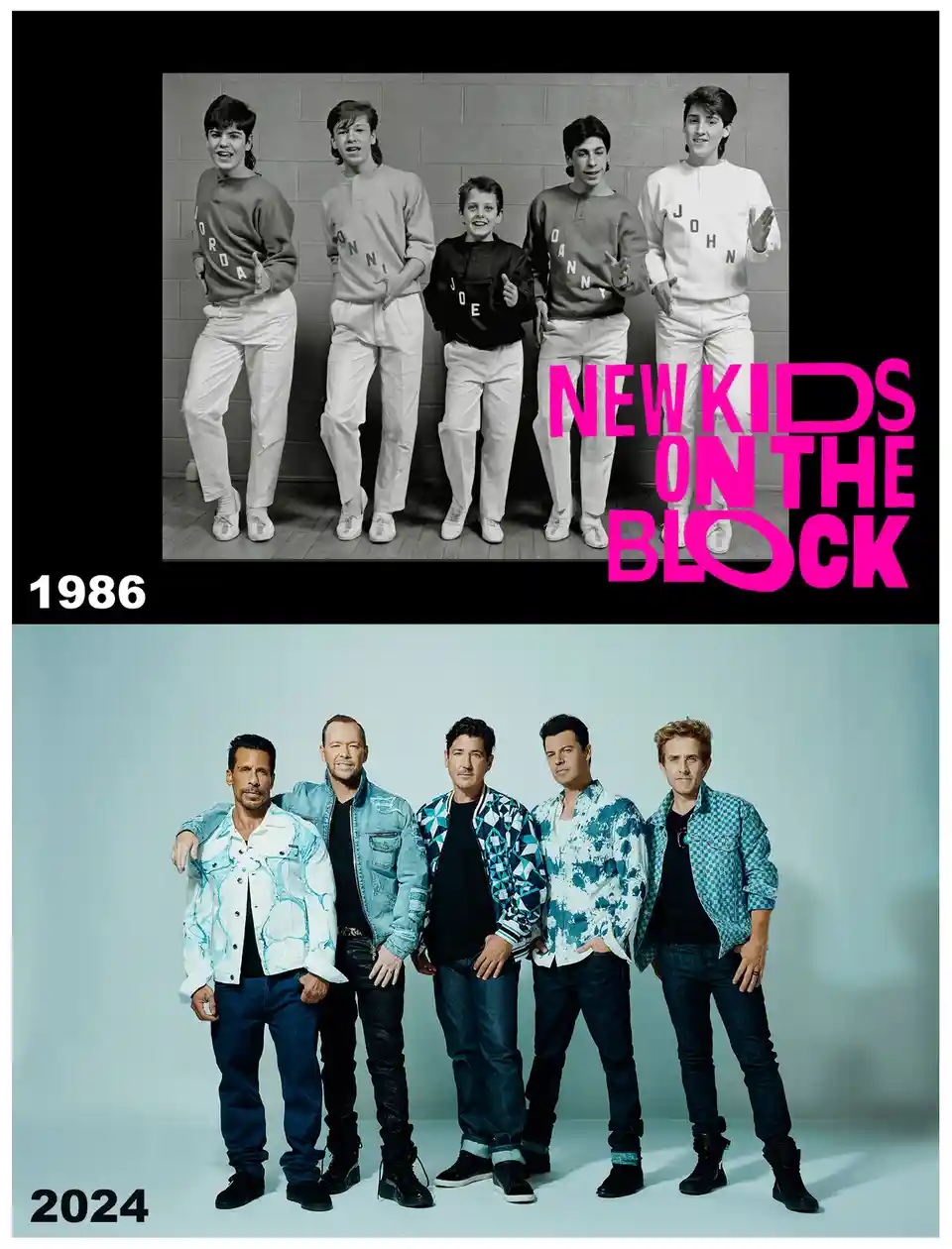 The image displays two side-by-side photos of the band New Kids on the Block. The top photo, labeled '1986', shows the five…