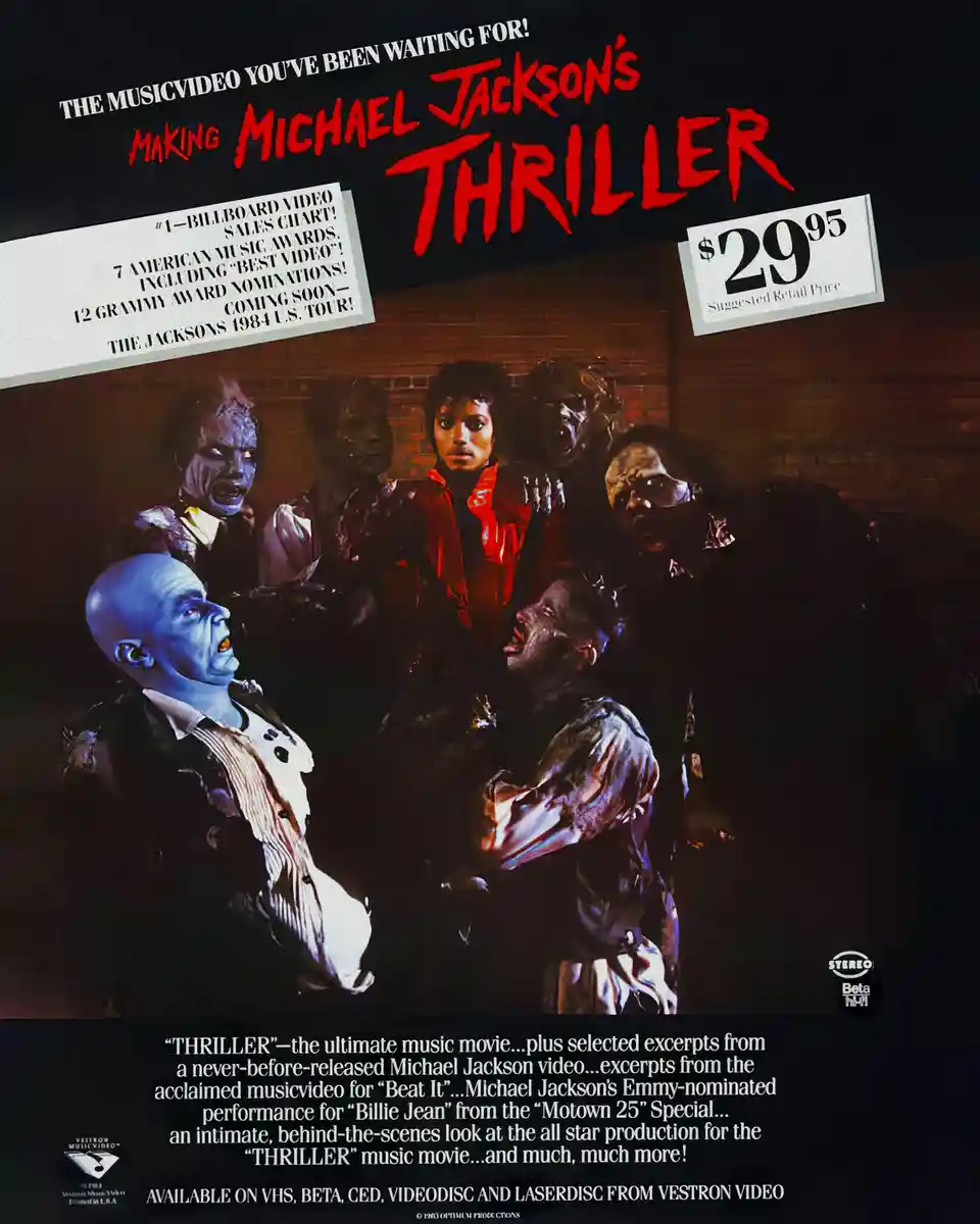 This is a vintage promotional poster for the 1983 VHS release of 'Making Michael Jackson's Thriller,' featuring Michael…