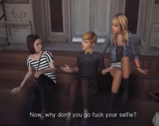 Three female characters from a video game sit on steps; the middle one gestures while speaking, and the text overlay reads…