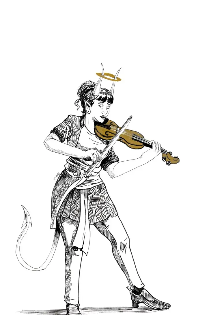 A black-and-white line drawing shows a person with devil horns, a devil's tail, and an angelic halo playing a violin. The…