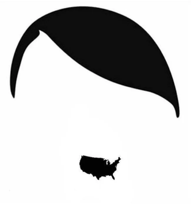 The image shows a large black silhouette of a man's hairdo above a small black silhouette of the United States map, implying…