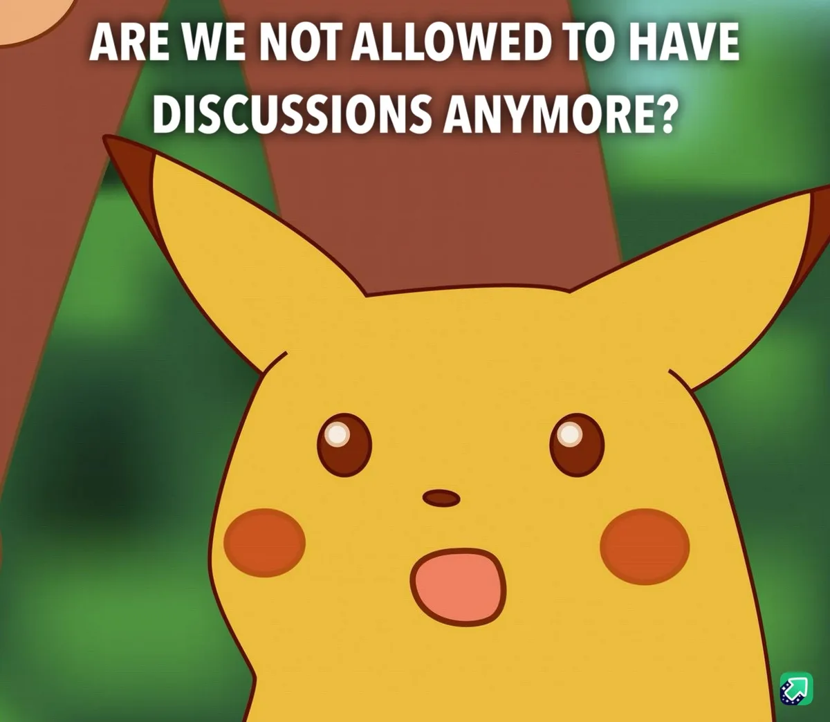 A close-up of the cartoon character Pikachu with a surprised expression, mouth open and eyes wide, set against a blurred…