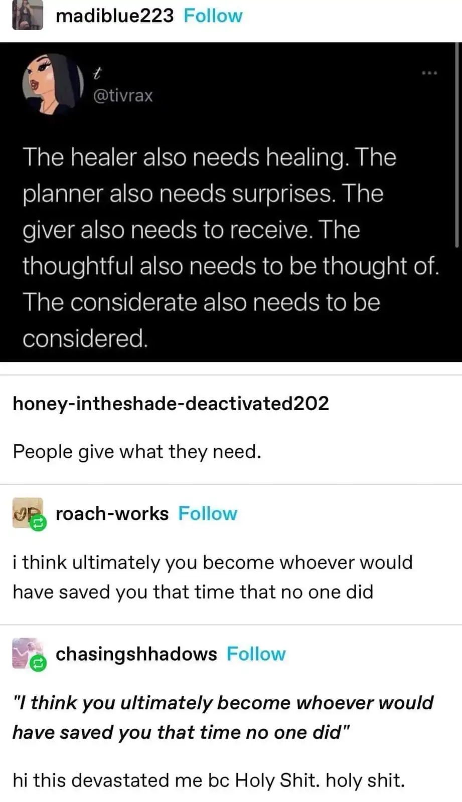 A screenshot of a Twitter thread shows a post by @tivrax listing how different personality types need things they don't…