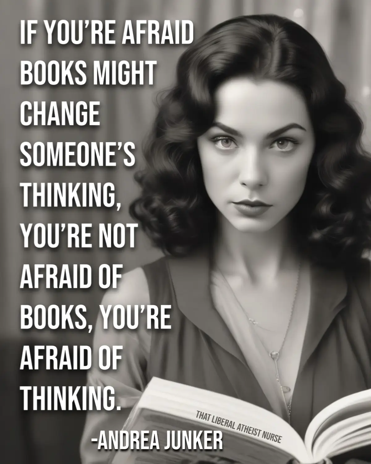 A black-and-white image shows a woman with vintage-style curled hair holding an open book. Large white text overlays the…