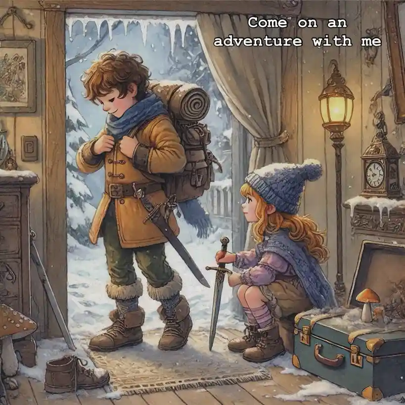 A cozy, snowy interior scene shows a boy in adventurer gear with a backpack and sword, preparing to leave through a doorway…