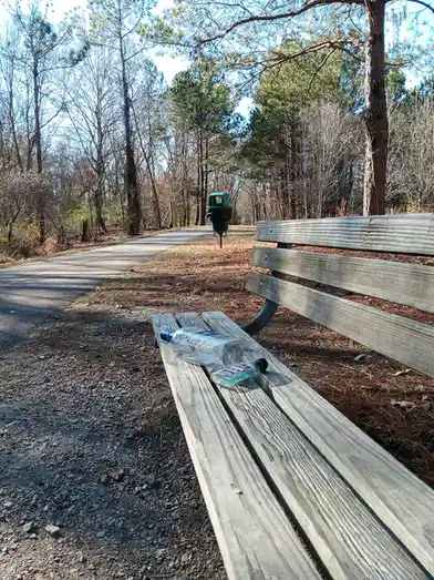 A wooden park bench sits beside a gravel path in a wooded area, with two empty plastic bottles — one large and one small…