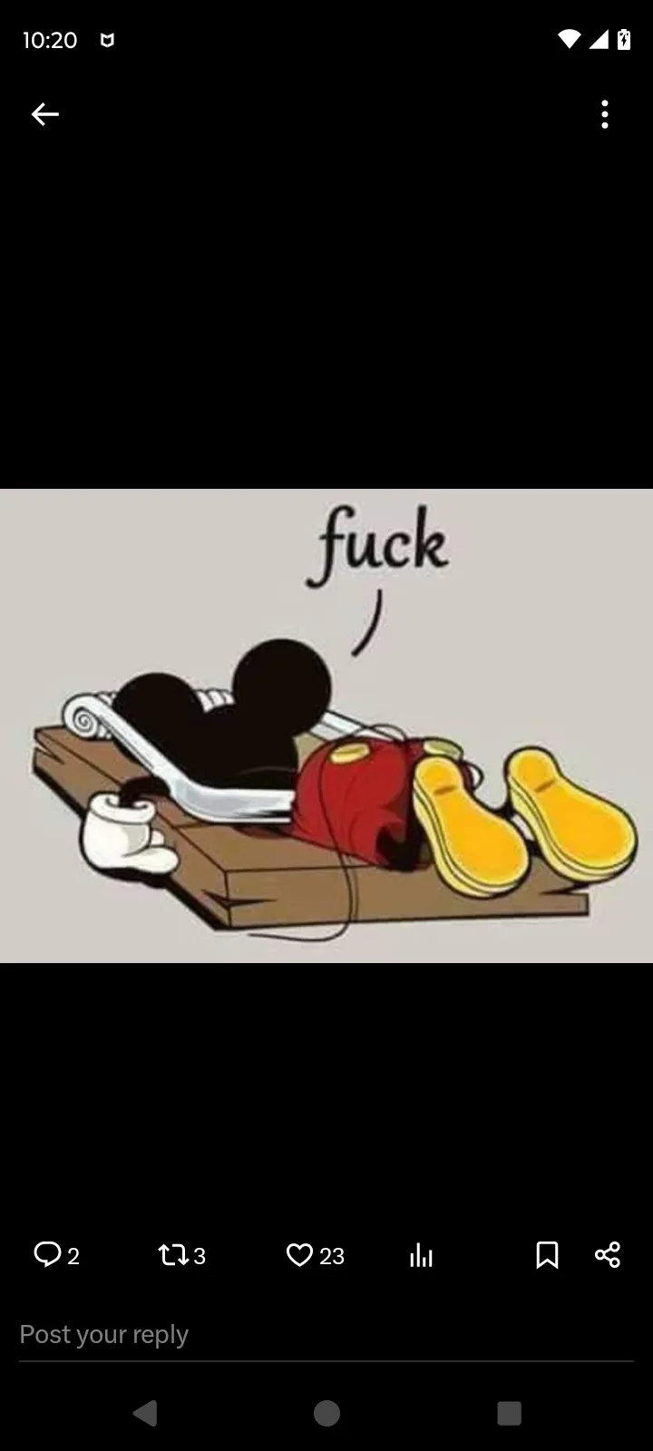 A cartoon depiction of Mickey Mouse lying face-down in a mousetrap, with his yellow shoes beside him and the word 'fuck'…