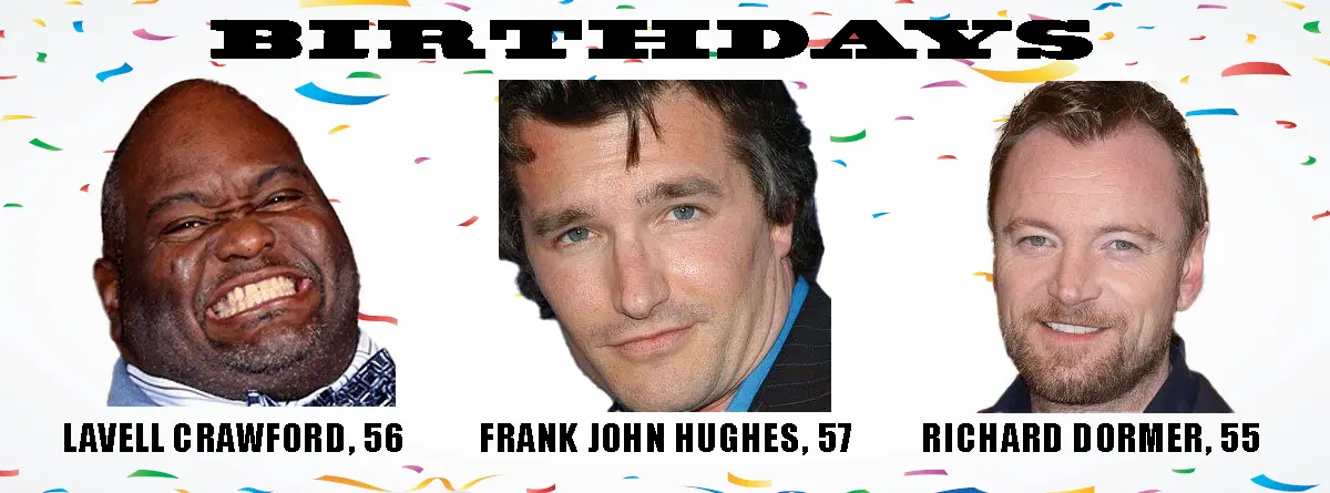 The image displays three men's headshots against a white background with colorful confetti. The top text reads 'BIRTHDAYS'…