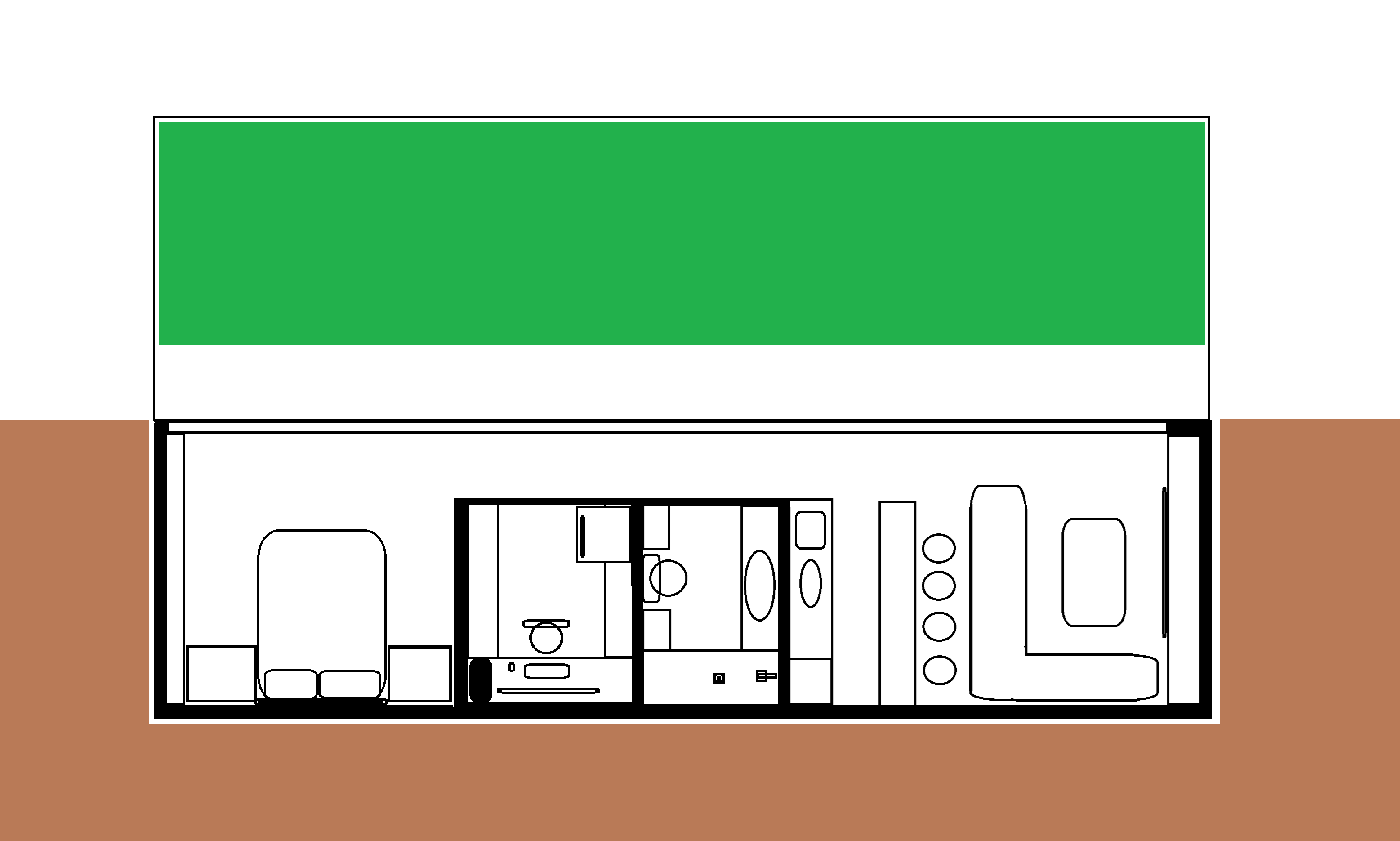 A minimalist line drawing of a house interior with a green roof and brown ground, showing a kitchen, bathroom, and living…