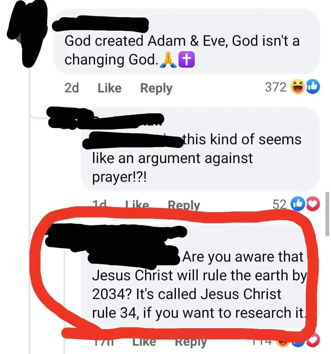 A screenshot of a Facebook comment thread where a user claims God isn't changing, and another replies that Jesus Christ will…