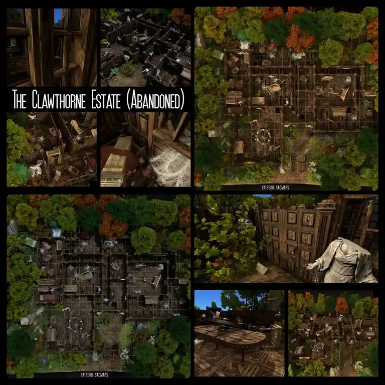 A collage of eight images showcasing a detailed, abandoned, wooden manor estate with overgrown trees, broken furniture…