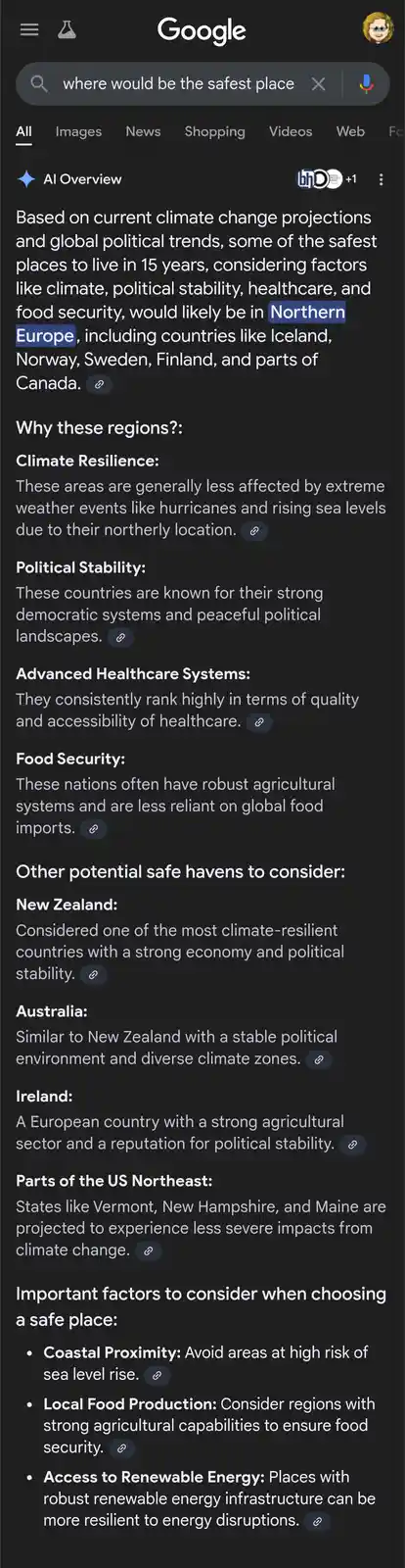 A Google search results page for 'where would be the safest place' displays an AI Overview suggesting Northern Europe as a…