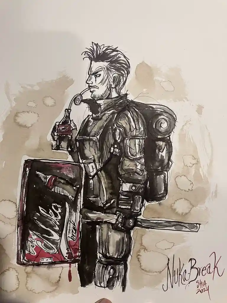 A hand-drawn, watercolor-style illustration depicts a muscular, armored man with spiky hair, drinking from a Nuka-Cola…